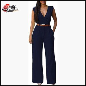 V-Neck Sleeveless Wide Leg Jumpsuit with Belt, Polyester Blend